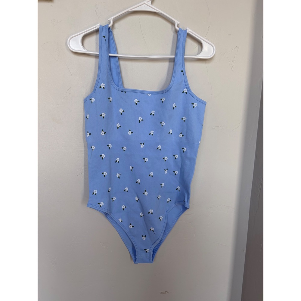 OQQ Womens Blue Ribbed Floral Square Neck Snap Closure Bodysuit XL